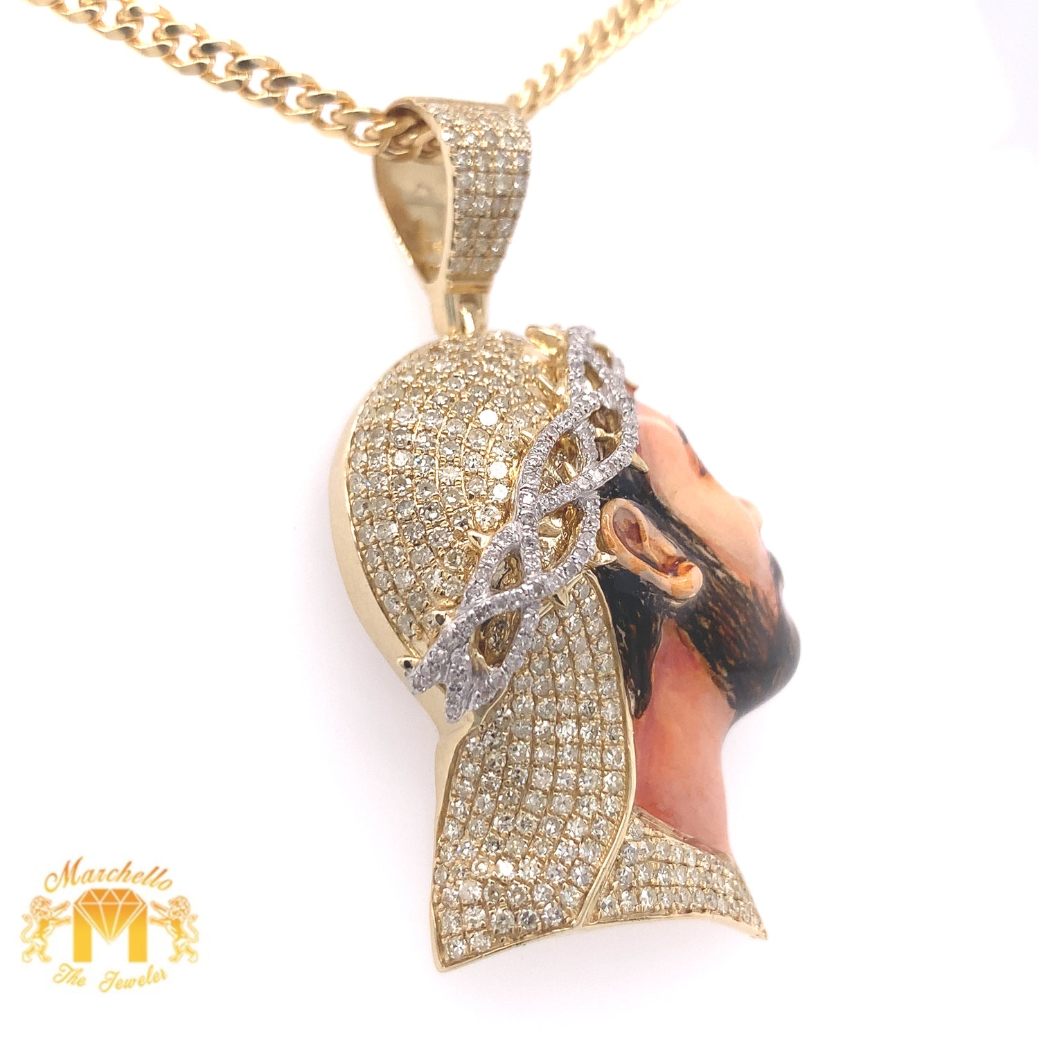 Yellow Gold & Diamond Jesus Face Pendant and Cuban Link Chain