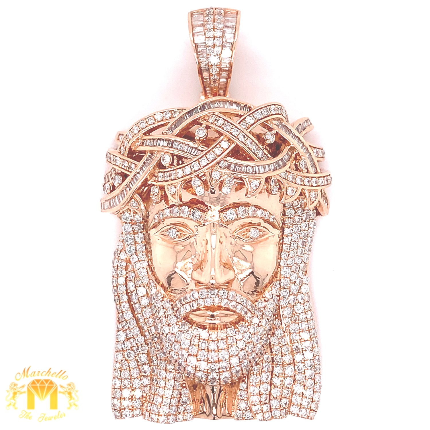 6.39ct Round and Baguette Diamond 14k Gold Solid Jesus Head Pendant