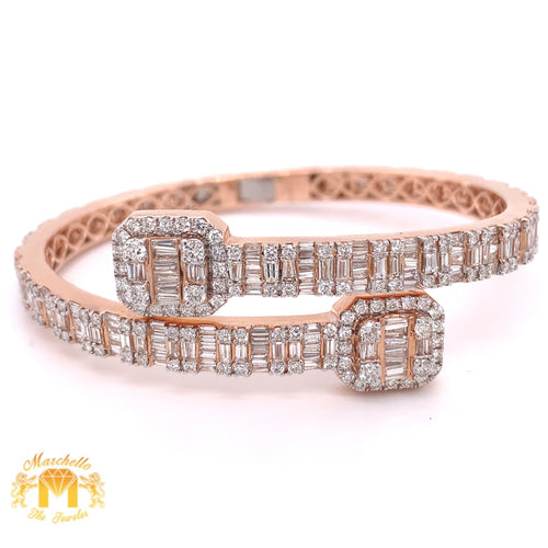 14k Gold 6.2mm Twin Squares Bangle Bracelet with Baguette Diamond