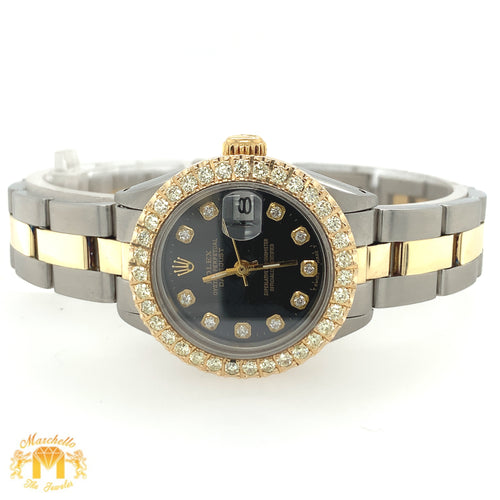 26mm Ladies’ Rolex Datejust Diamond Watch with Two-tone Oyster Bracelet (custom black diamond dial)