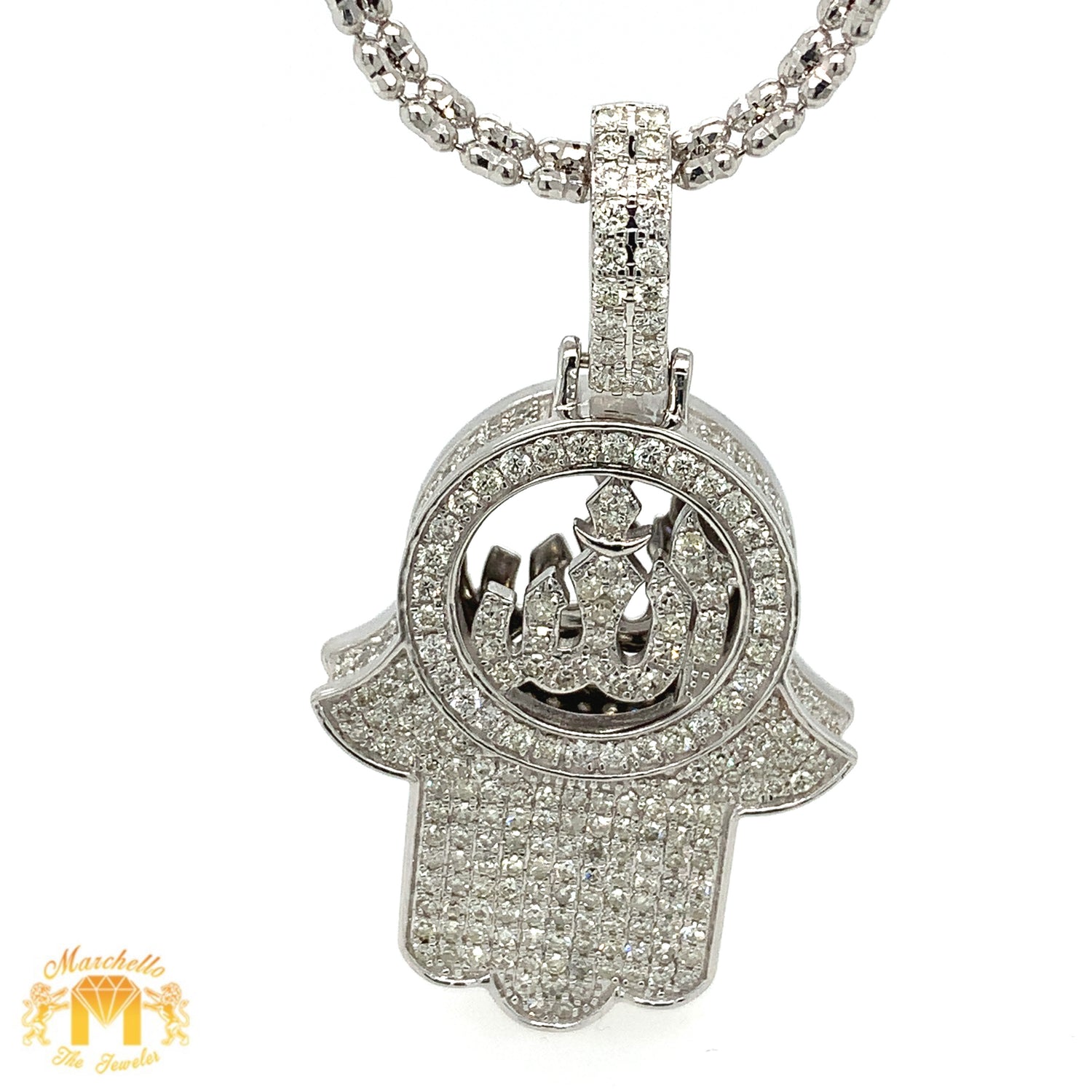 14k Gold 3D Hamsa Allah Diamond Pendant and Gold 2mm Ice Link Chain (choose your color)