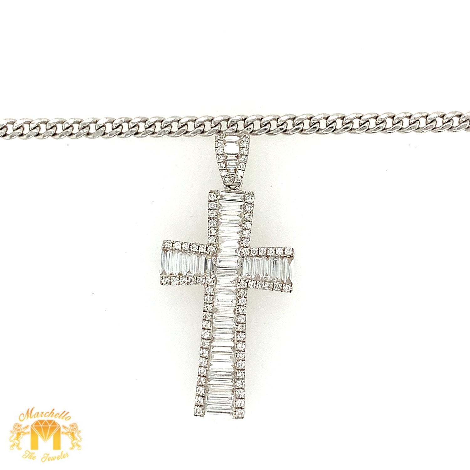 VVS/vs high clarity diamonds set in a 18k White Gold Cross Pendant with 14k White Gold Cuban Link Chain an Diamond Flower Earrings Set (large VVS baguettes)