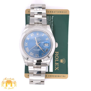 41mm Rolex Datejust Two Blue Roman Numeral Dial Watch with Steel Oyster Bracelet (smooth bezel, papers)