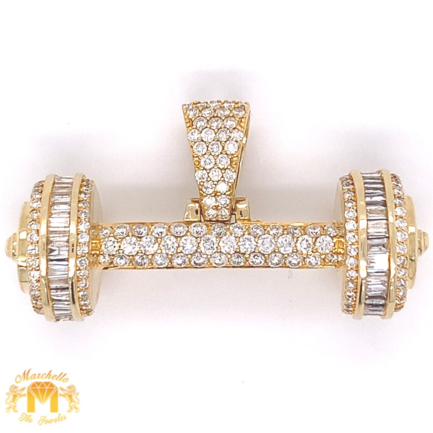 14k Yellow Gold Dumbbell Pendant with baguette and round diamonds & Gold Cuban Link Chain Set