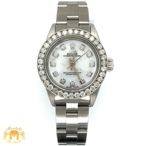 24mm Ladies’ Rolex Oyster Perpetual Stainless Steel Diamond Watch (mother-of-pearl, diamond hour markers)