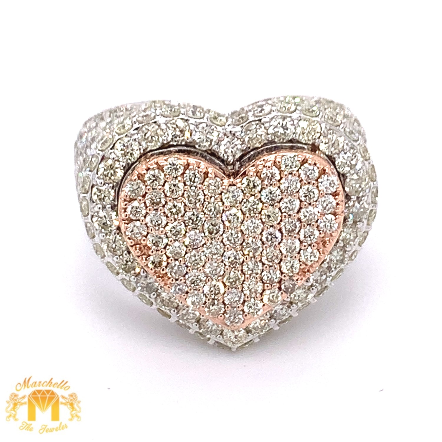 14k Two-tone Gold Unisex Big Heart Ring with round diamond (diamonds on sides, solid back)