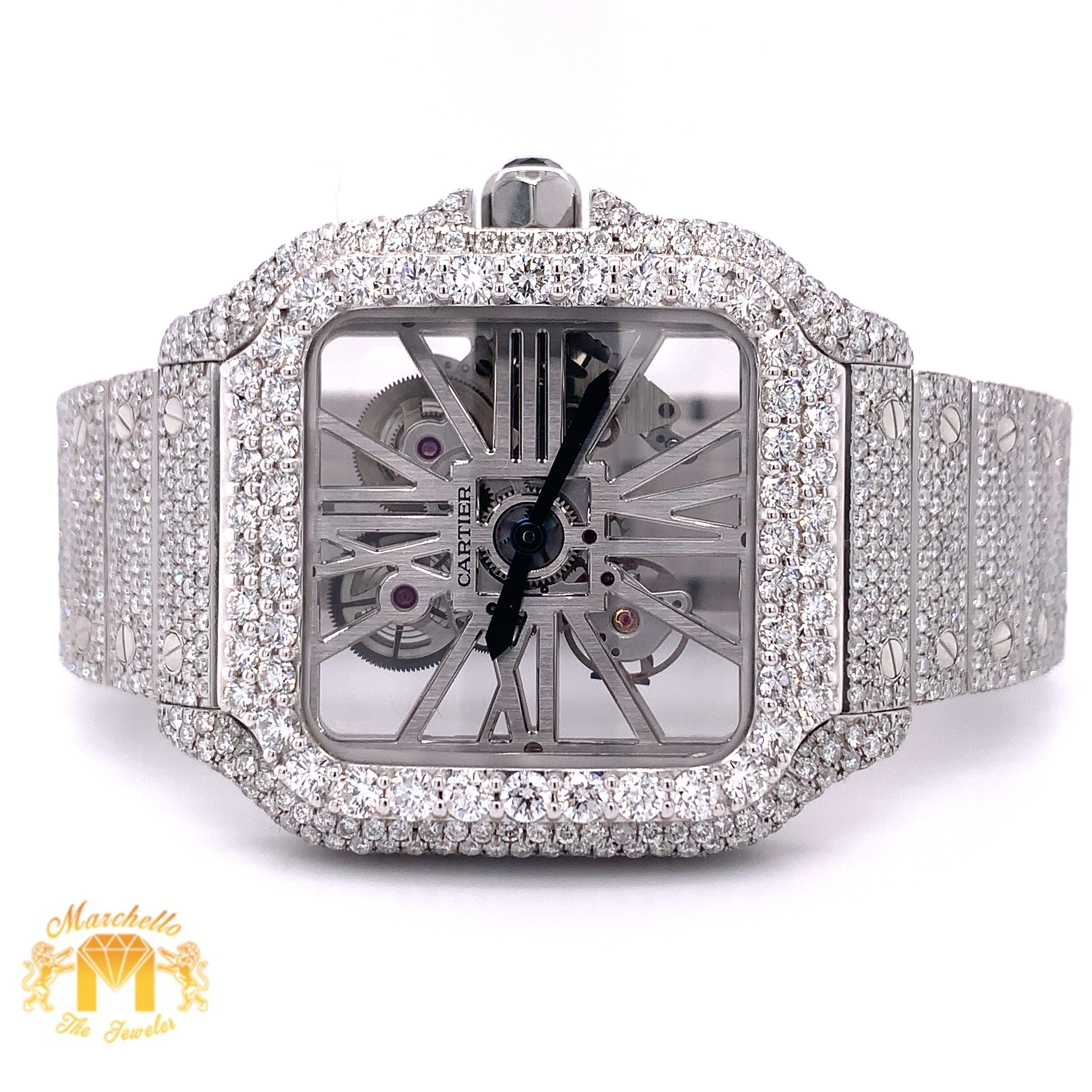 40mm Iced Out Cartier Santos Diamond Watch (stainless steel, skeleton)