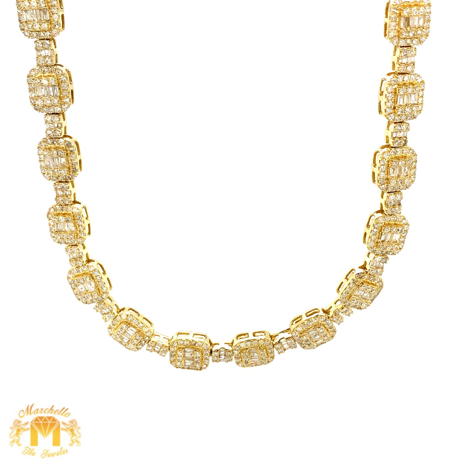 14k Gold 6mm Fancy Squares Necklace with natural baguette and round diamonds(unisex, choose your color)