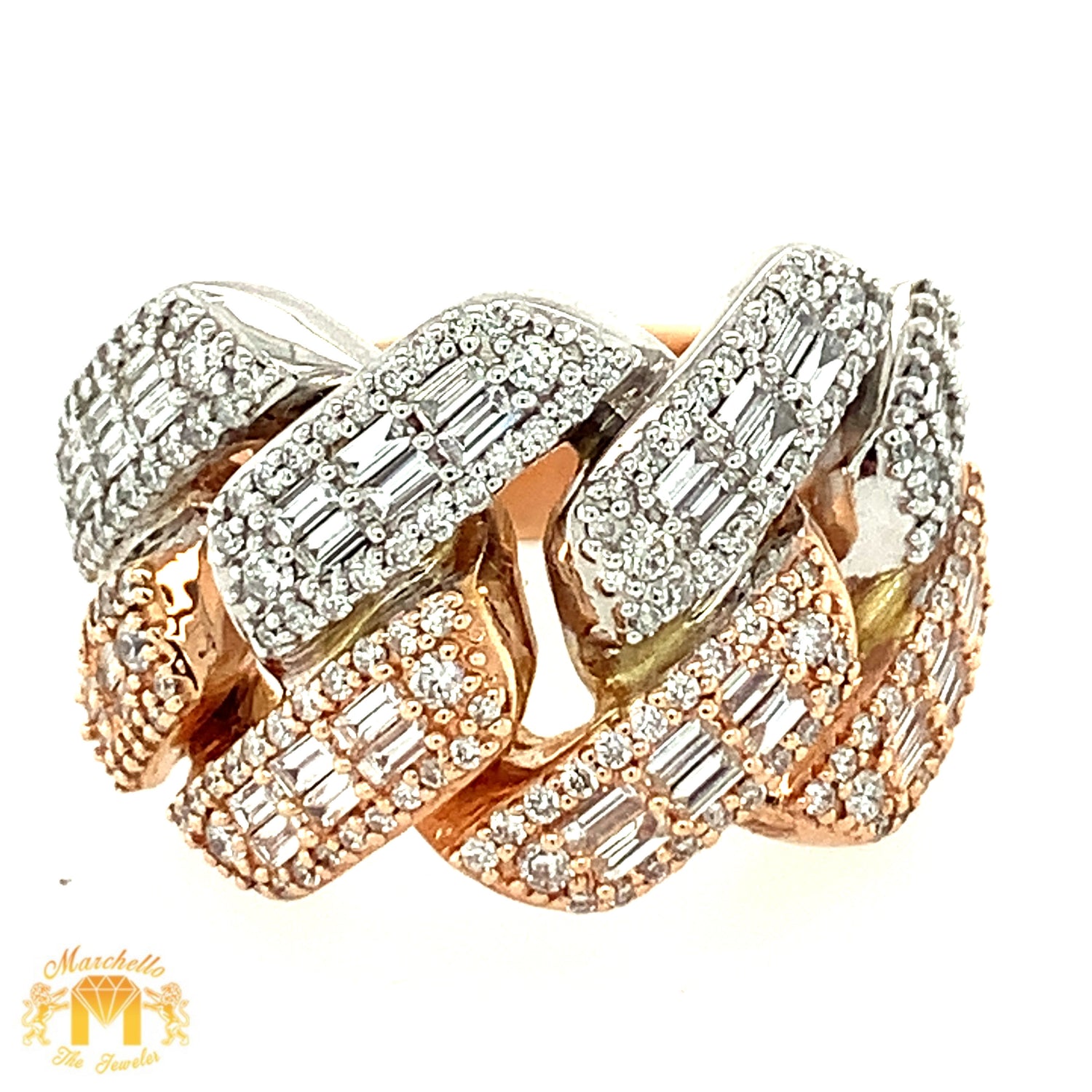 14k Rose Gold Diamond Edge Cuban Link Ring with baguette and round diamonds (2 rows of baguettes)