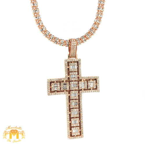 14k Gold Cross Diamond Pendant and Gold 2mm Ice Link Chain Set (choose your color)