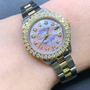 26mm Ladies’ Rolex Datejust Diamond Watch with Two-tone Oyster Bracelet (custom pink mother of pearl diamond dial)