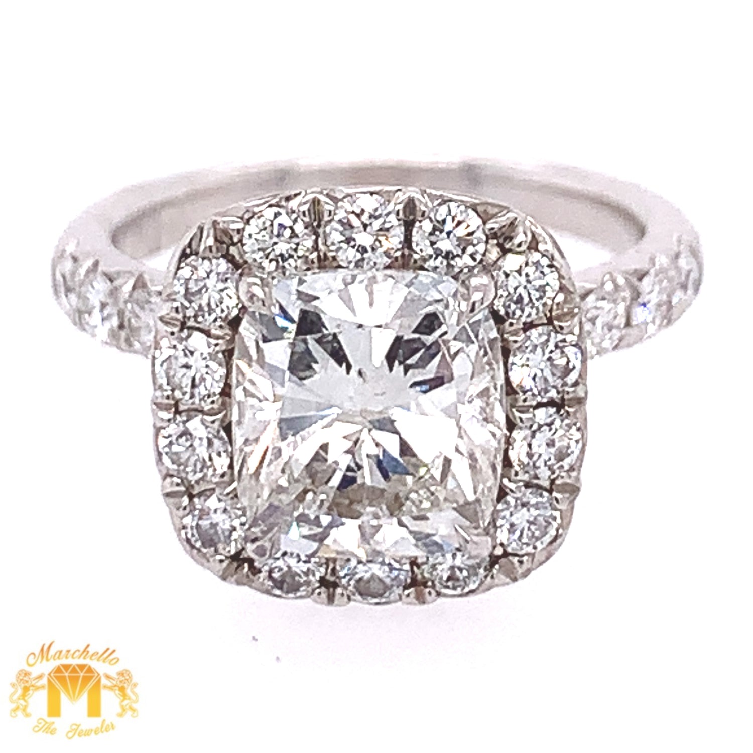 18k White Gold Engagement Diamond Ring (2.50ct cushion-cut center, certified)