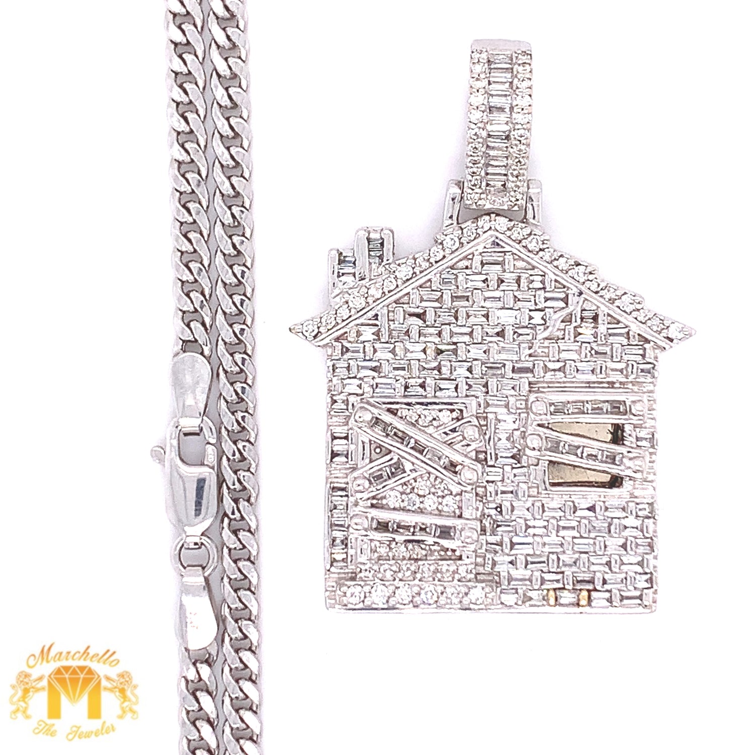14k White Gold House Pendant with Baguette and Round Diamond and 10k White Gold Cuban Link Chain