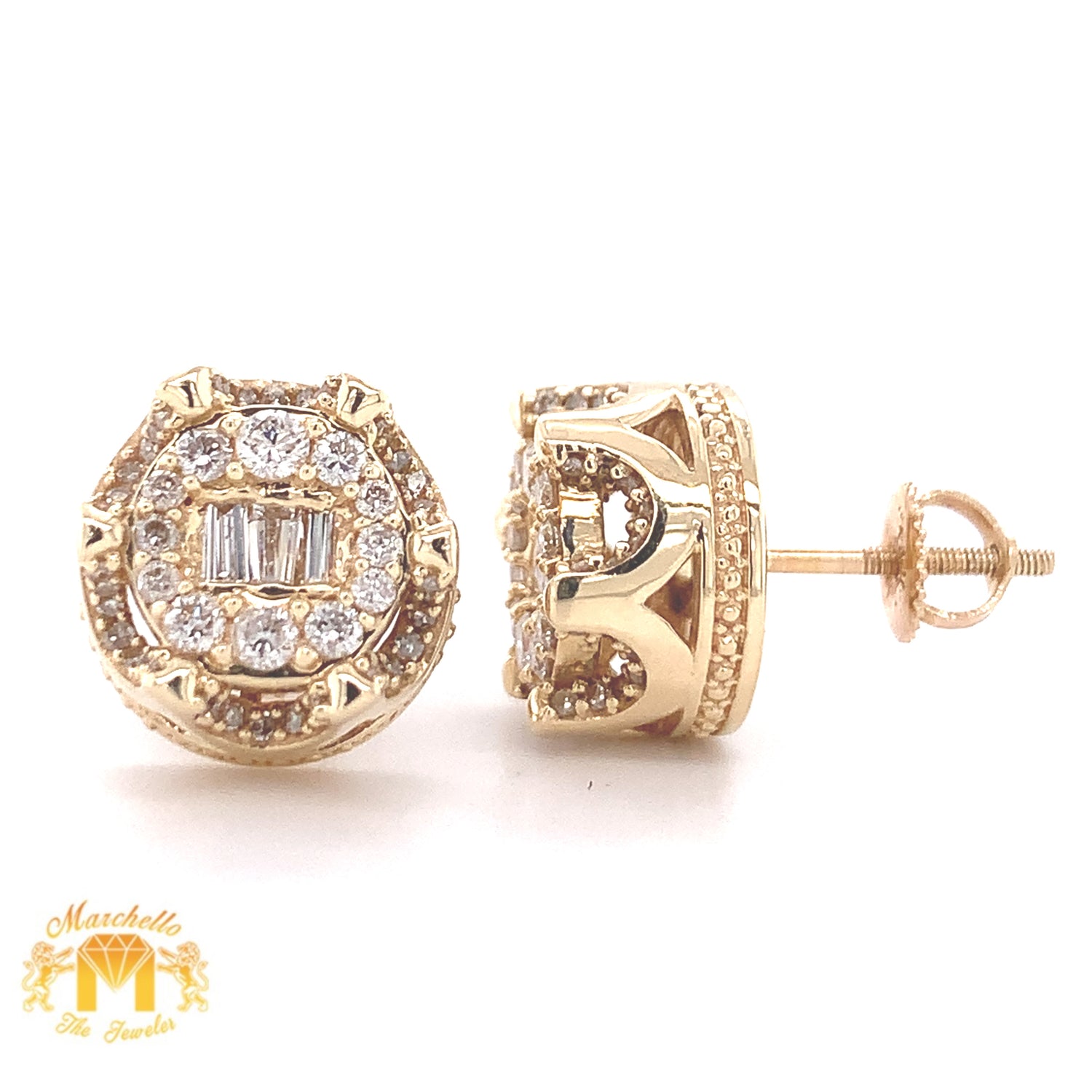 Baguette and Round Diamond 14k Gold 9.50mm 3D Round Earrings
