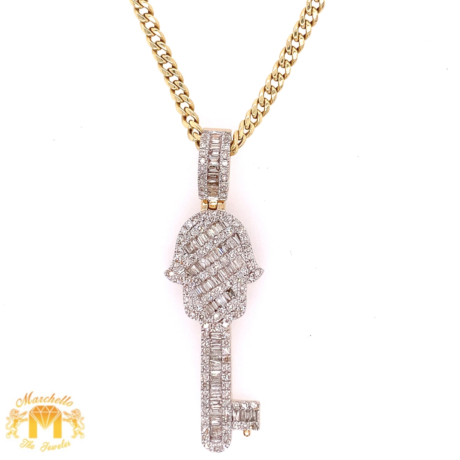 14k Gold Hamsa Key Diamond Pendant with 14k Gold Cuban Link Chain