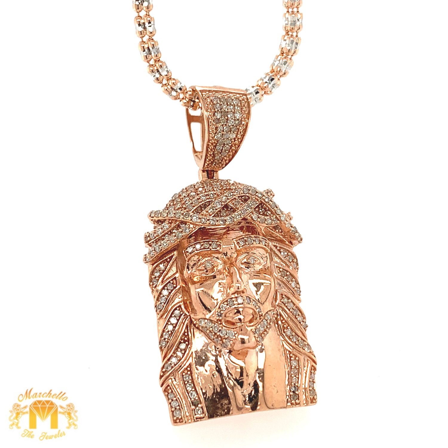 Gold and Diamond Jesus Face Diamond Pendant, 2mm Ice Link Chain (choose your color)