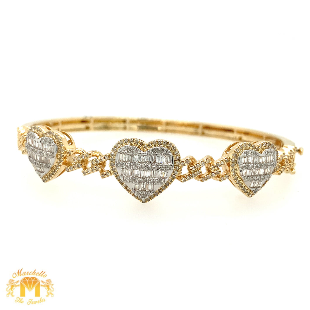 Gold 3 Hearts Cuff Bracelet with natural baguette and round diamonds