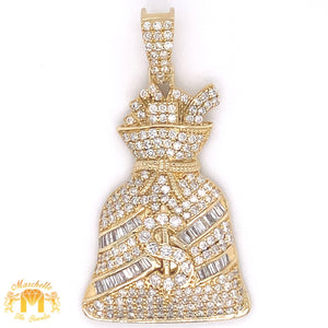 14k Yellow Gold Money Bag Pendant with baguette and round diamonds and Gold Cuban Link Chain Set