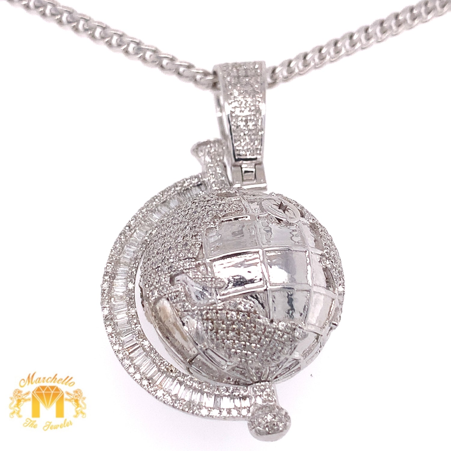 Gold and Diamond 3D Spinning Globe Pendant with Baguette and Round Diamond and Gold Cuban Link Chain Set