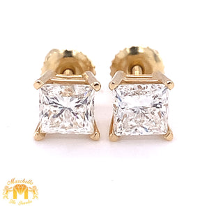 14k Gold Stud Earrings with Princess-cut Solitaire Diamond