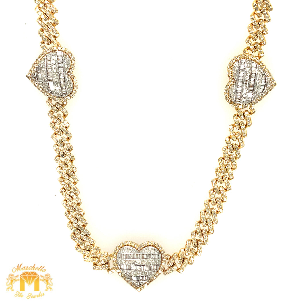 6.9ct Diamond and Gold 14mm Triple Baguette Heart Miami Cuban Necklace (box clasp, choose gold color)