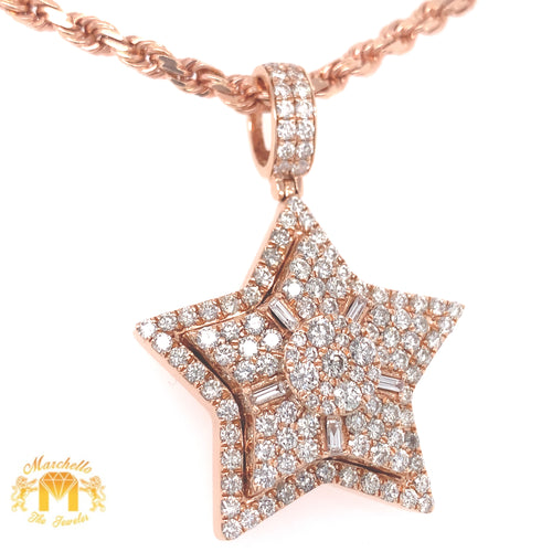 4.18ct Round and Baguette Diamond 14k Rose Gold 3D Star Pendant and Solid Rope Chain  (solid back)