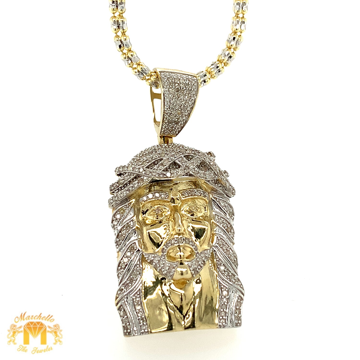 Gold and Diamond Jesus Face Diamond Pendant, 2mm Ice Link Chain (choose your color)