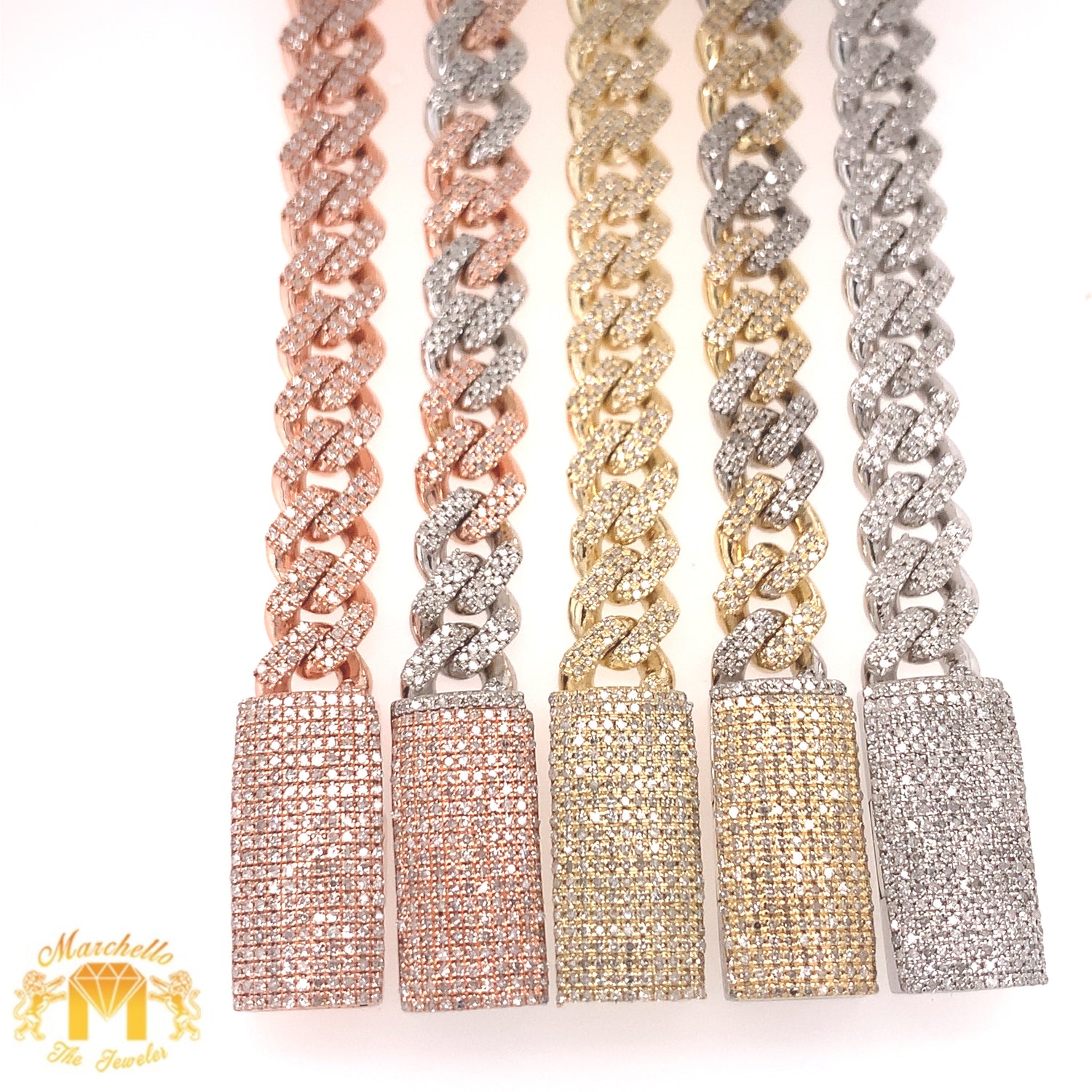 Gold and Diamond 9mm Box Clasp Miami Cuban Bracelet with round Diamond (solid)
