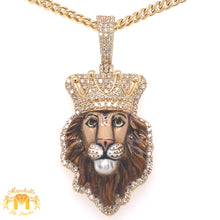 Load image into Gallery viewer, 14k Gold Enamel Lion Head Diamond Pendant, Gold Cuban Link Chain