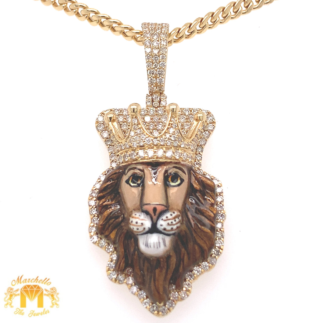 14k Gold Enamel Lion Head Diamond Pendant, Gold Cuban Link Chain