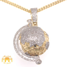 Load image into Gallery viewer, Gold and Diamond 3D Spinning Globe Pendant with Baguette and Round Diamond and Gold Cuban Link Chain Set