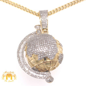 Gold and Diamond 3D Spinning Globe Pendant with Baguette and Round Diamond and Gold Cuban Link Chain Set