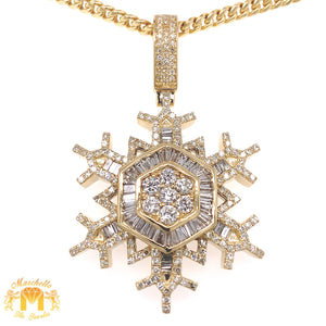 14k Gold Snowflake Pendant with Baguette and Round Diamond & Gold Cuban Link Chain Set