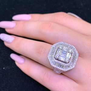 VVS high clarity diamond set in a 18k White Octagon Ring (jumbo VVS baguettes)
