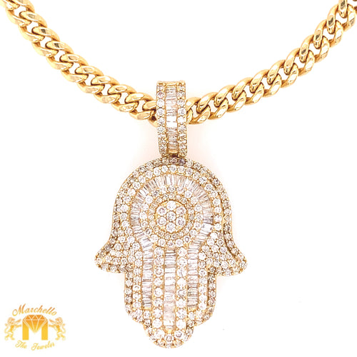 14k Gold Large Hamsa Diamond Pendant and 4mm Cuban Link Chain Set