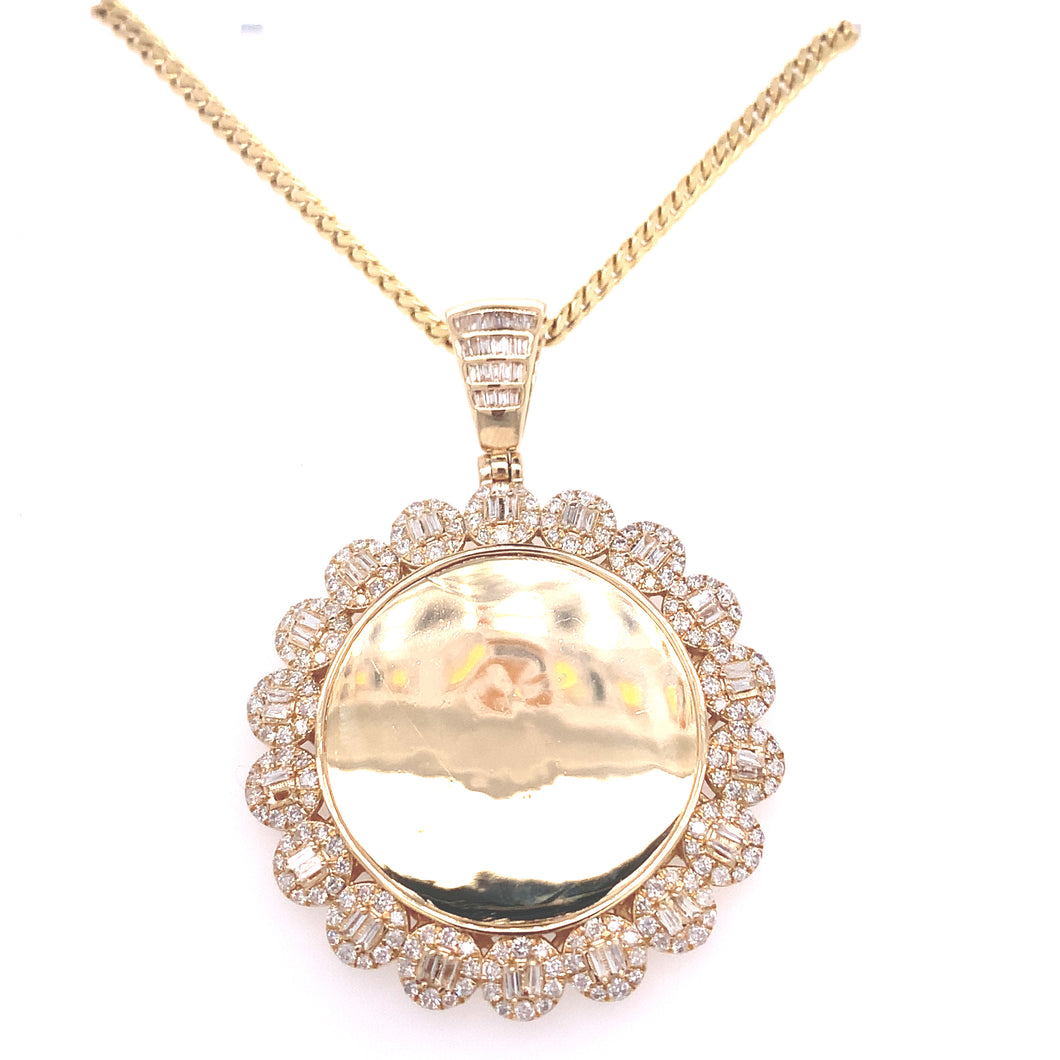 14k Gold Memory Picture Pendant with Round and Baguette Diamond & Gold Cuban Link Chain Set