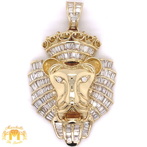 14k Gold Large Lion Pendant with Baguette Diamond  and Gold Cuban Link Chain Set