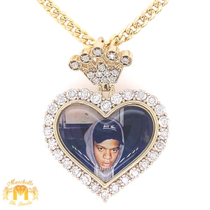 Gold and Diamond Heart Shaped Memory Picture Pendant and Gold Cuban Link Chain (solid back, crown shaped bail)