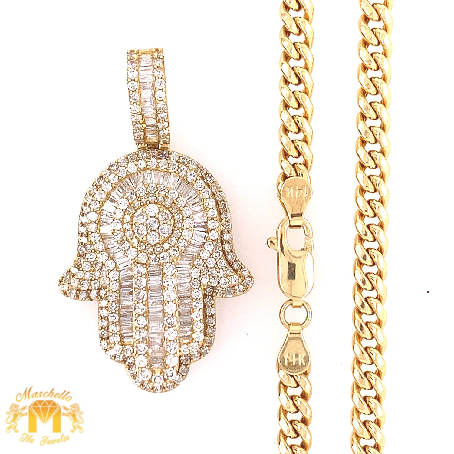 14k Gold Large Hamsa Diamond Pendant and 4mm Cuban Link Chain Set