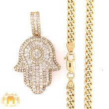 Load image into Gallery viewer, 14k Gold Large Hamsa Diamond Pendant and 4mm Cuban Link Chain Set