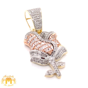 Tri-color Gold and Diamond Rose Pendant with Baguette and Round Diamond & Gold Cuban Link Chain Set