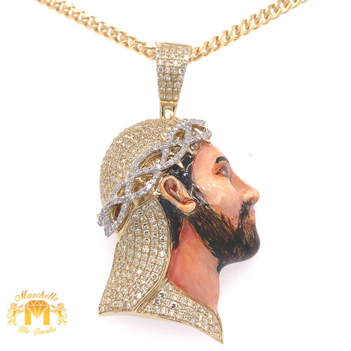 Yellow Gold & Diamond Jesus Face Pendant and Cuban Link Chain