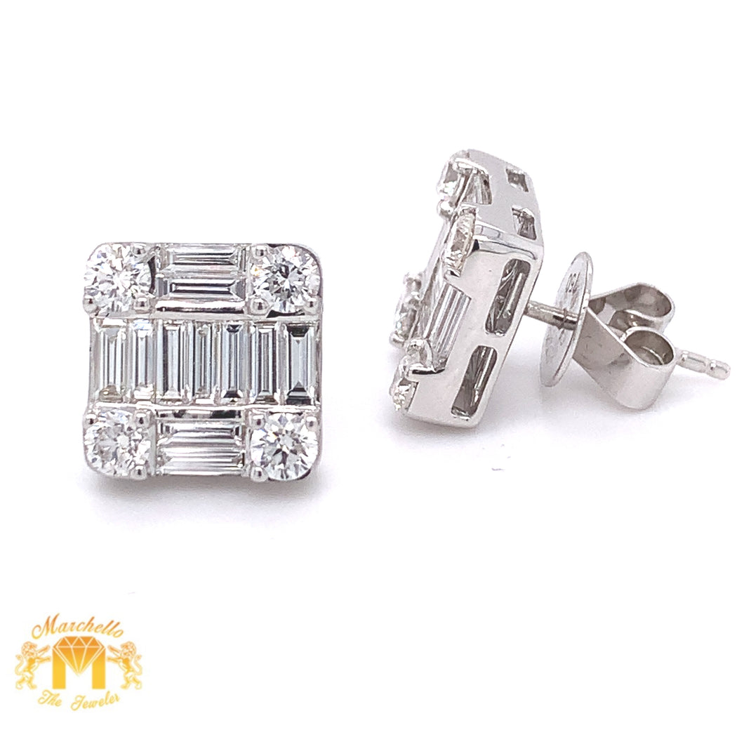 VVS/vs high clarity diamonds set in a 18k White Gold Square Earrings with Baguette & Round Diamond (large VVS baguettes)
