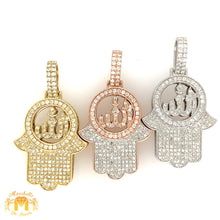 Load image into Gallery viewer, 14k Gold 3D Hamsa Allah Diamond Pendant and Gold 2mm Ice Link Chain (choose your color)