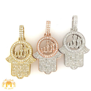 14k Gold 3D Hamsa Allah Diamond Pendant and Gold 2mm Ice Link Chain (choose your color)