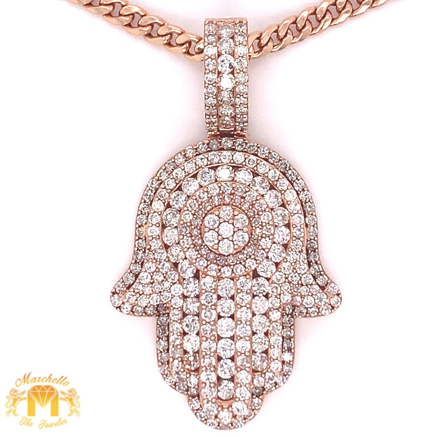 14k Gold Large Hamsa Diamond Pendant and Gold Cuban Link Chain Set