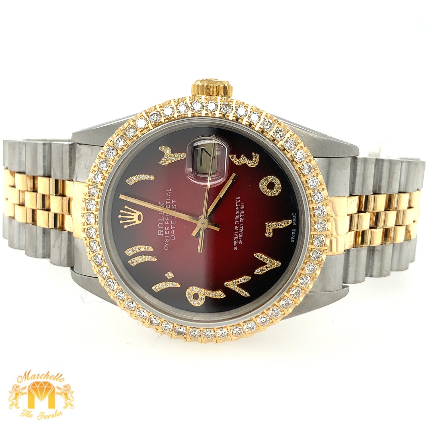 36mm Rolex Datejust Watch with Two-tone Jubilee Diamond Bracelet (quick-set, burgundy dial)