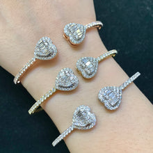 Load image into Gallery viewer, Gold and Diamond Twin Hearts Cuff Bracelet with natural baguette and round diamonds (choose your color)