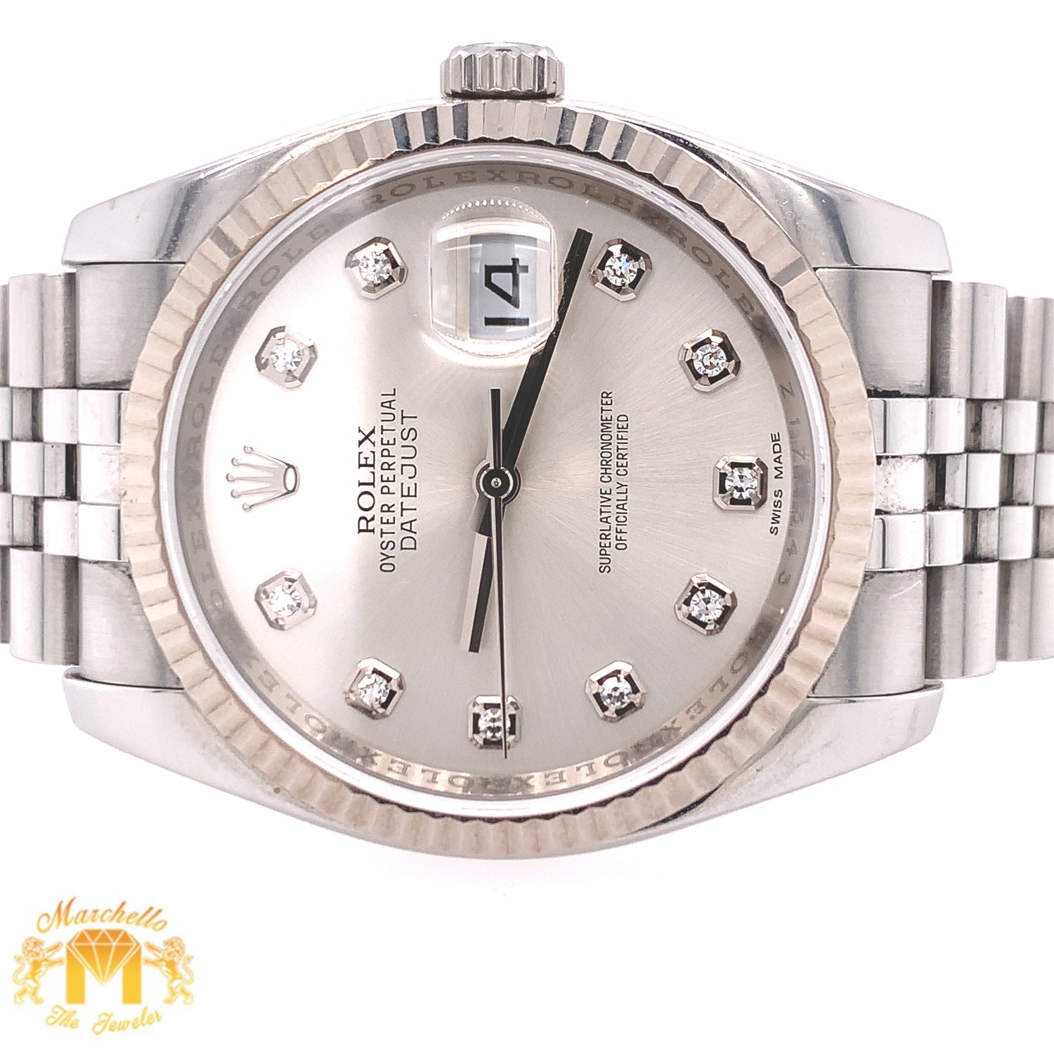 36mm Rolex Datejust Watch with Stainless Steel Jubilee Bracelet (fluted bezel, factory diamond dial, newer model)