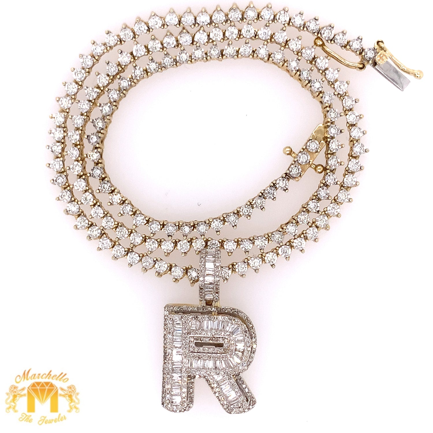 Gold and Diamond 3D Initial Pendant and Tennis Chain Necklace (choose your letter)